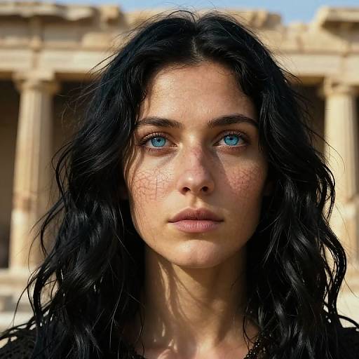 Photorealistic portrait of a woman with striking blue eyes, wavy black hair, and freckled face, standing in front of ancient, sun