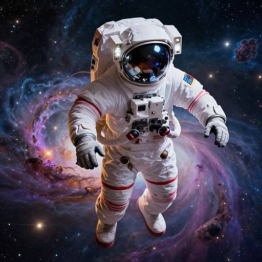 Photorealistic digital artwork of an astronaut floating in space, wearing a white spacesuit with red stripes, against a vibrant cosmic nebula background.