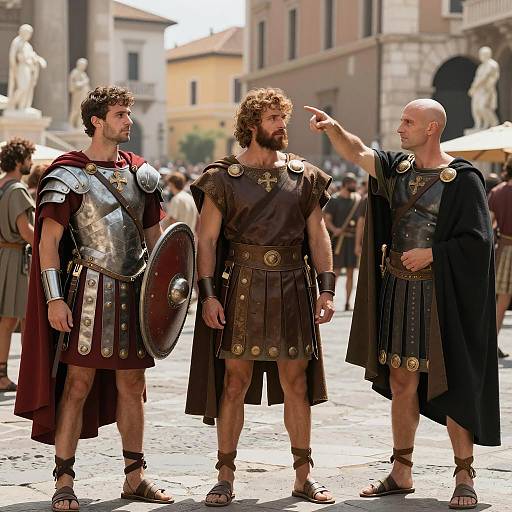 Three Men in Ancient Roman Soldier Attire in City Square