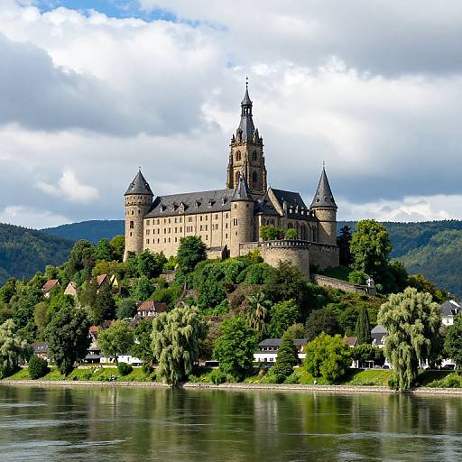Photograph of Neuschwanstein Castle, a picturesque medieval-style fortress with multiple towers, set amidst lush greenery and reflecting in a serene lake under