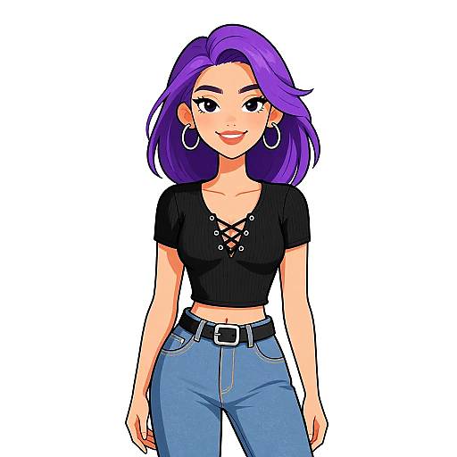 Digital illustration of a smiling woman with purple hair, wearing a black lace-up crop top and blue jeans, standing against a white background.