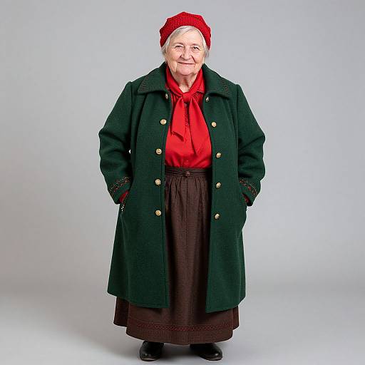 Photograph of an elderly white woman with short gray hair, wearing a red beret, green coat, red blouse, and brown skirt, standing against
