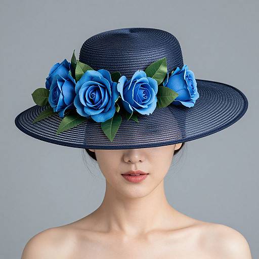Photograph of an Asian woman with fair skin, wearing a black wide-brimmed hat adorned with bright blue roses and green leaves, against a plain