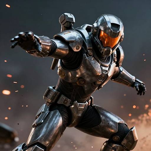 Digital illustration of a metallic, black Iron Man suit in mid-action pose, glowing orange visor, dynamic background with orange sparks and dark smoke.
