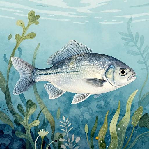 Digital illustration of a shimmering silver fish with blue accents, swimming amidst vibrant underwater plants in a clear blue ocean.