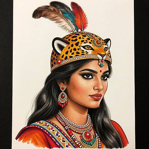 Digital illustration of an Indian woman with long black hair, wearing a leopard print headpiece with feathers, adorned with jewelry, and traditional red attire, set