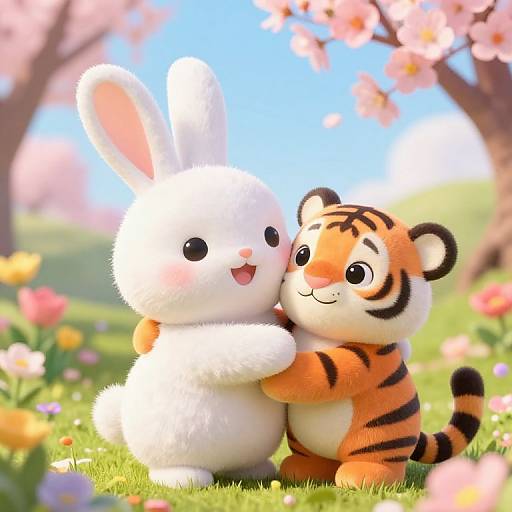 CGI image of a cute, fluffy white bunny and a small, striped tiger hugging in a sunny, colorful meadow with cherry blossoms.
