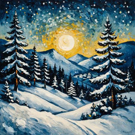 Starry Snowy Landscape in Chagall Style