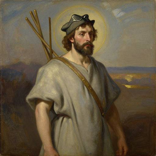 Baroque oil painting of a bearded man with a halo, wearing a tunic and hat, carrying a wooden staff, set against a twilight seas