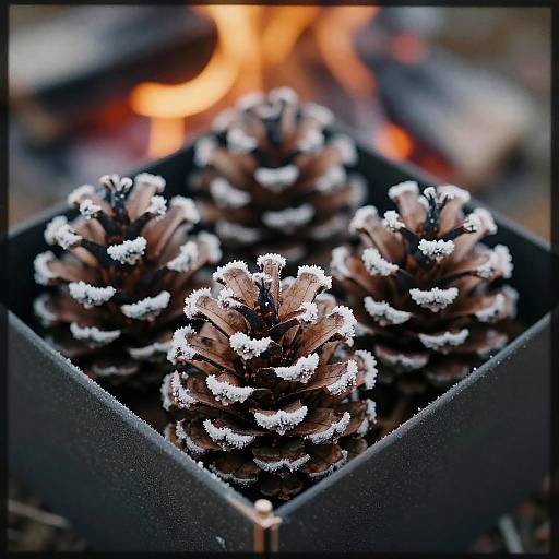Photograph of five frost-covered pine cones in a black, square container, with a blurred orange fire in the background.