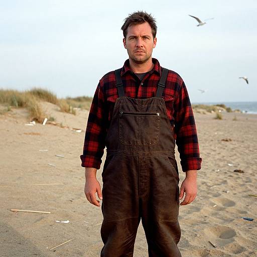 Photograph of a serious-looking man with short brown hair, wearing a red plaid shirt and black overalls, standing on a sandy beach with grass