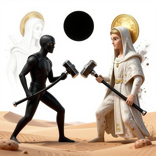 Digital art: Black armored figure with mask and hammer faces white-robed, golden-haloed person holding hammer in desert, black sphere floating above.