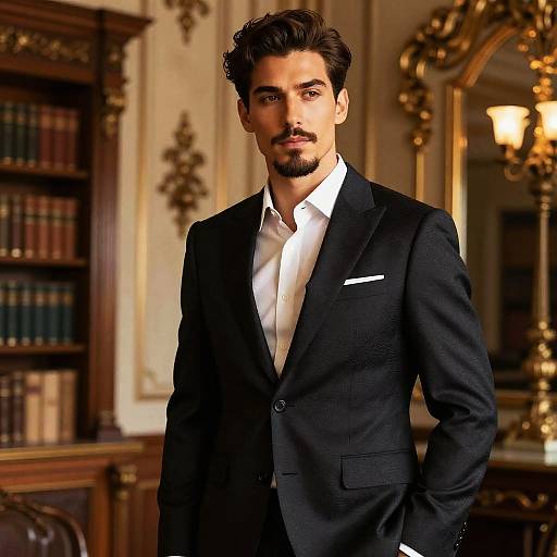 Photorealistic image of a handsome, dark-haired, bearded man in a black suit with white shirt, standing in an ornate, book-filled