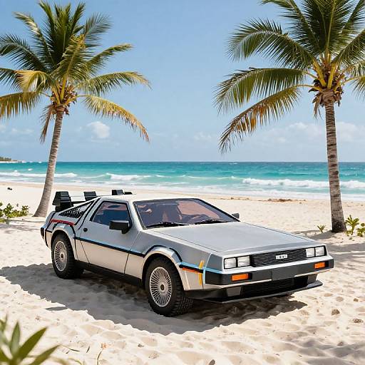 Photograph of a classic white Ford Mustang with black stripes parked on a sunny beach, flanked by two palm trees, with turquoise ocean waves in the