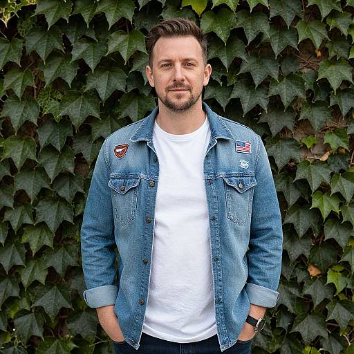 Photograph of a bearded man with short brown hair, wearing a blue denim jacket, white t-shirt, and black pants, standing against a green