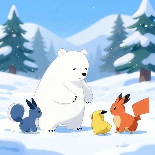 Digital illustration of a white bear standing in snowy forest with blue Eevee, yellow Pikachu, and orange Raichu, surrounded by snow-covered pine