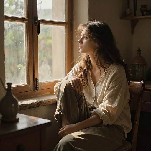 Photograph of a pensive woman with long brown hair, wearing a loose white blouse and beige pants, sitting by a sunlit wooden window, bath