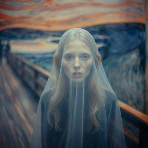Photograph of a pale-faced, blue-eyed woman with long blonde hair, wearing a translucent veil, standing on a wooden bridge with a vivid, swirling