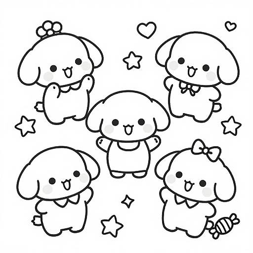Black-and-white digital drawing of six adorable, chibi-style, cartoon dogs with round heads, big eyes, and star and heart accents.