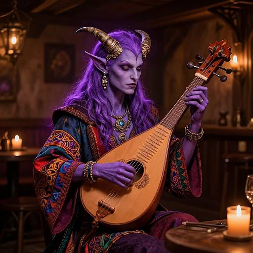 Photograph of a purple-skinned, horned elf with long, wavy hair playing a lute in a dimly lit, candlelit tavern