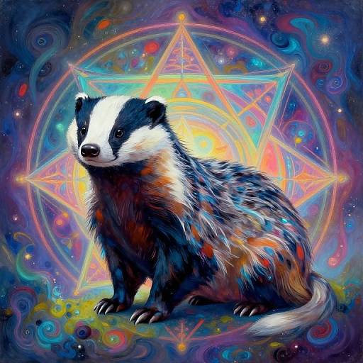 Digital artwork of a vividly colored badger with a mystical, glowing, multicolored star and cosmic background, blending fantasy and surrealism.