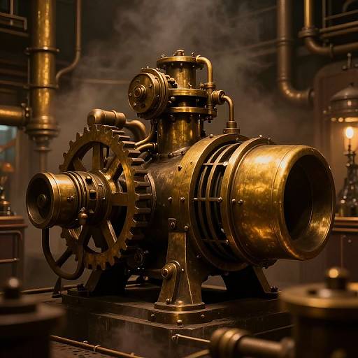 Photorealistic CGI of a vintage, brass industrial steam engine with gears, pipes, and smoke, set in a dimly-lit, industrial workshop