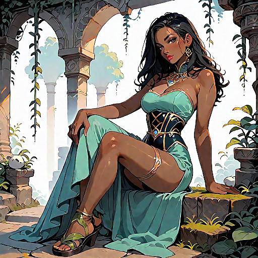 Elegant Woman in Strapless Dress on Stone Steps