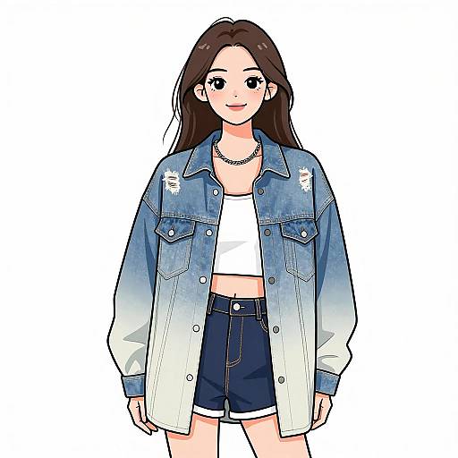 Digital anime-style drawing of a smiling young woman with long brown hair, wearing a blue gradient denim jacket, white crop top, and dark blue shorts.