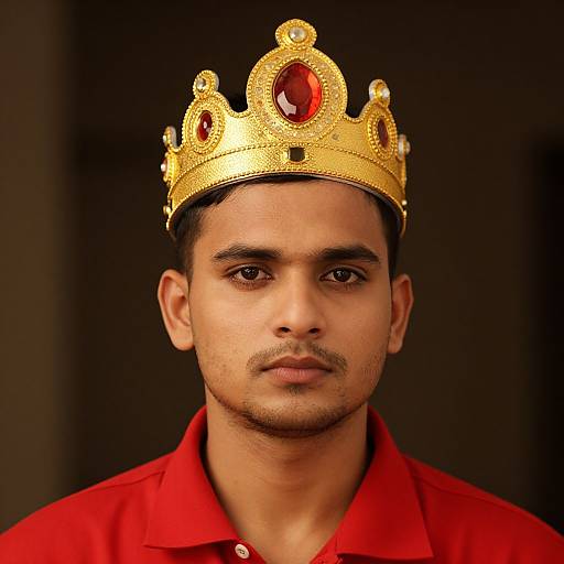 Photograph of a young man with medium brown skin, dark hair, and brown eyes, wearing a gold crown with red gemstones and a red shirt