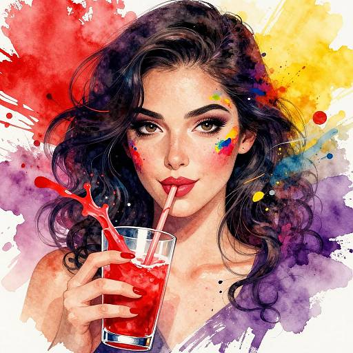 Digital watercolor portrait of a dark-haired woman with colorful paint splatters, sipping a red drink with a straw, looking at the viewer.