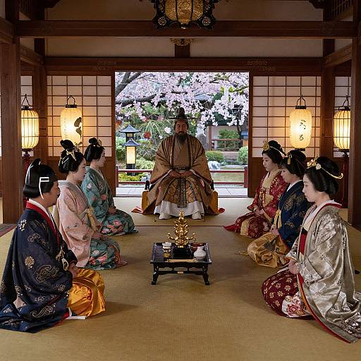 Photograph of traditional Japanese tea ceremony: six women in colorful kimonos, seated, facing a man in a kimono, under lanterns,