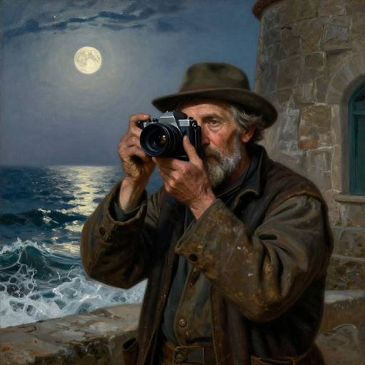 Photorealistic painting of an elderly bearded man with a grey hat, holding a camera, capturing a moonlit ocean scene by a stone building.