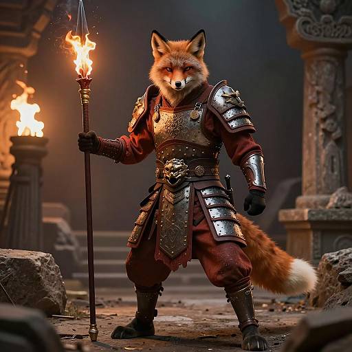 Anthropomorphic Fox Warrior in Armor with Spear