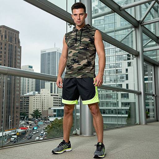 Photograph of a fit, young man with short dark hair, wearing a camo sleeveless hoodie, black shorts with yellow trim, and black sneakers