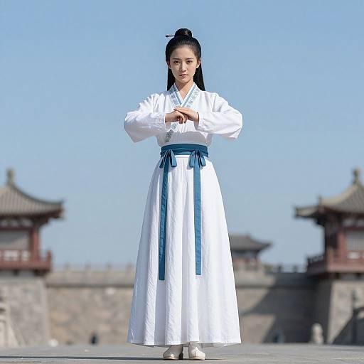 Photograph of an East Asian woman in a traditional white hanbok with blue ribbon, standing on a stone courtyard, hands clasped, clear blue