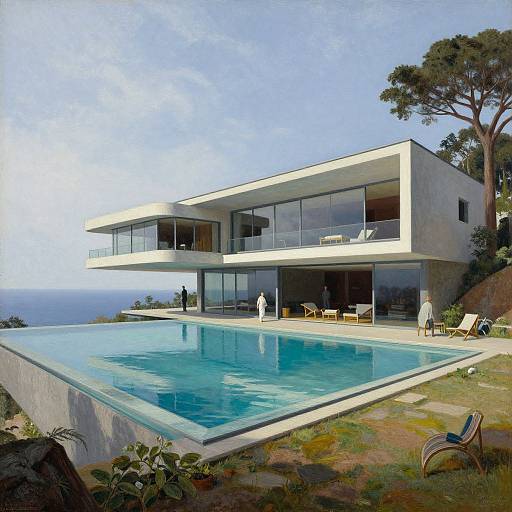 Modern two-story house with large glass walls, infinity pool, and ocean view. Three people near pool, sunny day, blue sky.