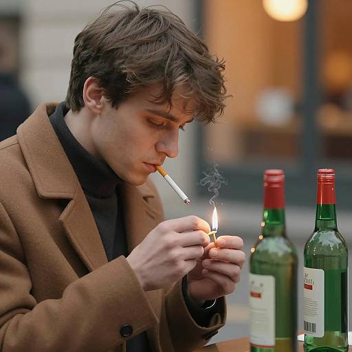 Urban Male Lighting Cigarette in Brown Coat