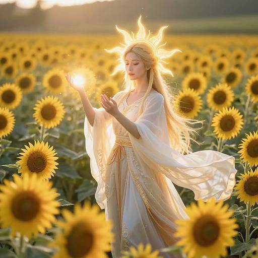 Photograph of a blonde woman with a glowing sun halo, wearing a flowing white dress, standing in a sunflower field at sunset.