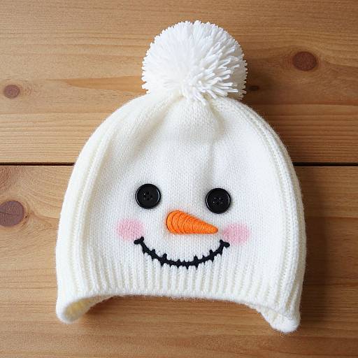 Photograph of a white, knitted winter hat with a pom-pom, black eyes, orange nose, and pink blush, smiling snowman face
