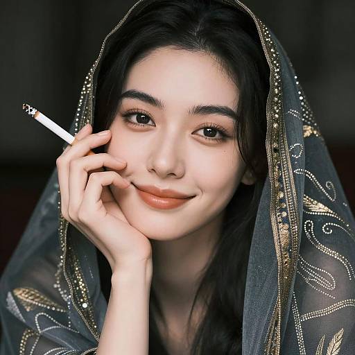 Woman in Gold-Patterned Veil Smoking Cigarette