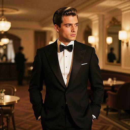 Photograph of a handsome, young Caucasian man with slicked-back brown hair, wearing a black tuxedo with a bow tie, standing in an