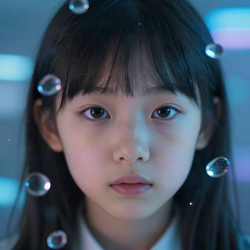 Photograph of a young Asian girl with straight black hair and bangs, gazing forward with large, dark eyes, surrounded by floating soap bubbles,