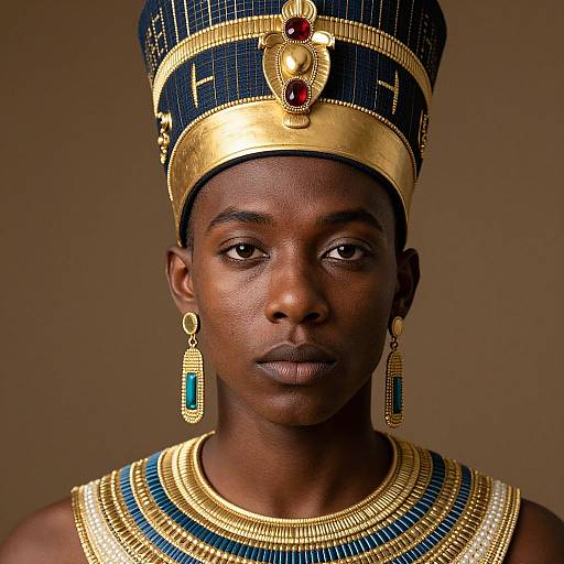 Photograph of an African woman with dark skin wearing an ornate, gold and blue headdress, gold necklace, and turquoise earrings, against a brown