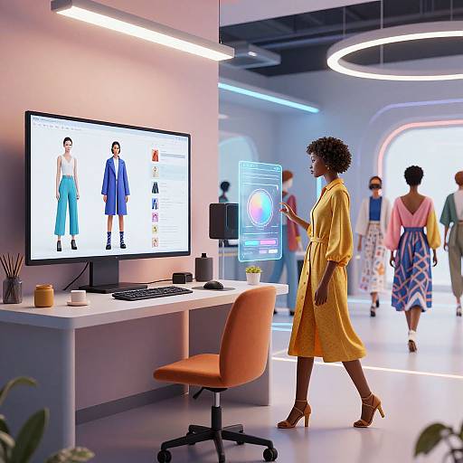 Photorealistic CGI: Black woman in yellow dress, curly hair, standing beside modern desk with monitor, holographic interface, surrounded by stylishly dressed