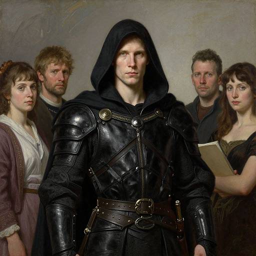 Digital painting of a stern, armored man in a black hood, flanked by four serious, 19th-century dressed individuals with a neutral background.