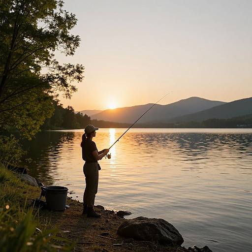 Woman Fishing by Serene Sunset Lake