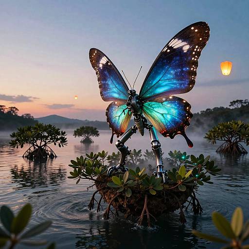 Bioluminescent Mech-Butterfly Over Floating Mangroves