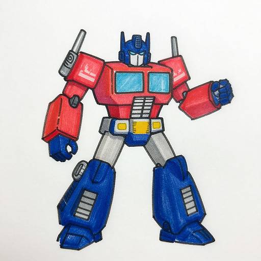 Colorful digital drawing of a classic Transformers-style Autobot, featuring red chest, blue legs, and arms, with white and yellow accents.