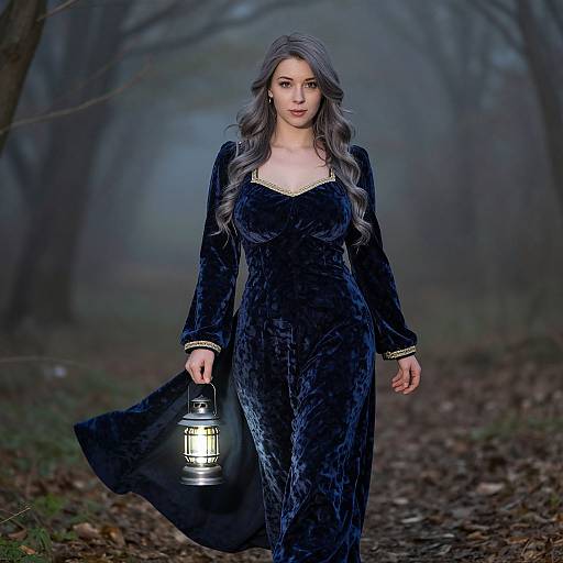 Photograph of a young woman with long, wavy gray hair, wearing a dark blue velvet dress, holding a lantern, in a misty,