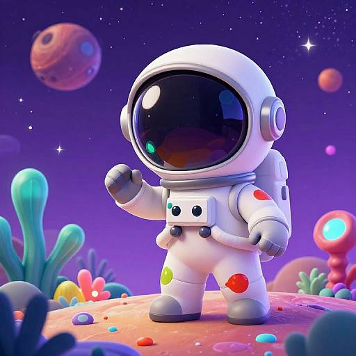 CGI illustration of a cute, cartoon-style astronaut with a large black visor, standing on a colorful alien planet with cacti and multicol